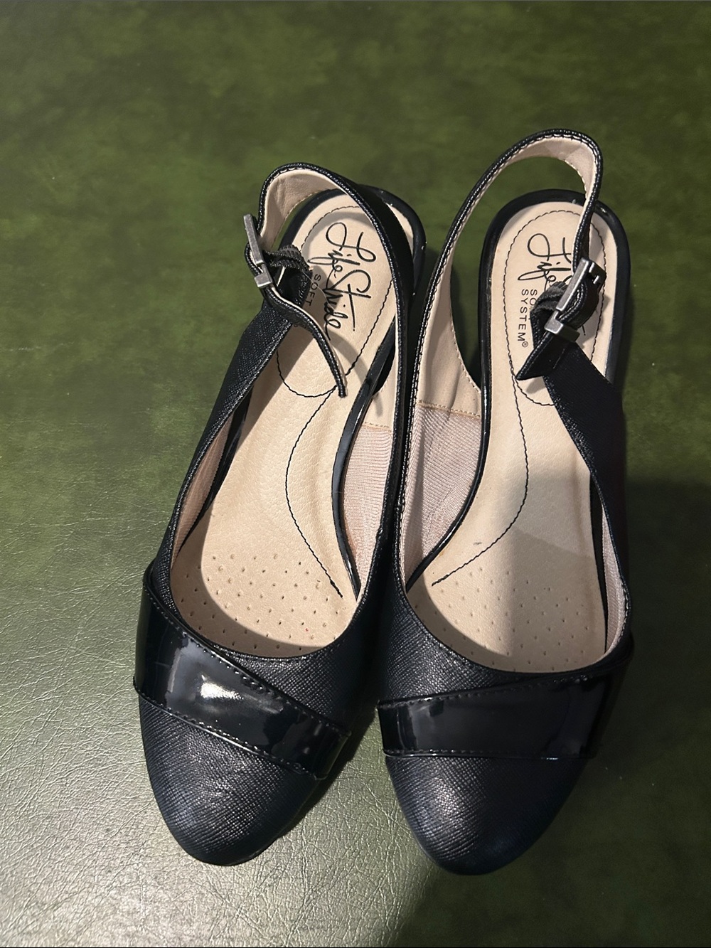 Life Stride Black Slingback Peep-Toe Flats with Patent Trim